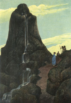 A group of three people look up at Niobe, turned to stone, her tears
forming waterfalls running down the hillside.