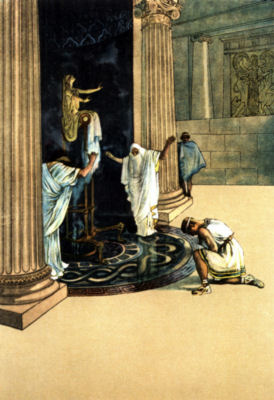 Two figures raise their arms, while a third kneels, before an altar
standing between two pillars. A fourth person stands watching in the background.