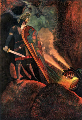 Armed with sword and shield, Beowulf prepares to fight the dragon
in its cave.