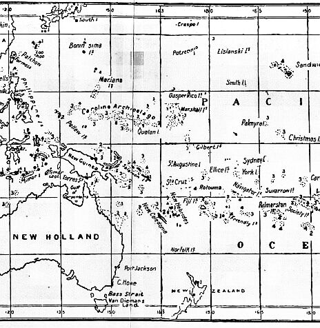 Map showing distribution of coral-reefs and active volcanoes.